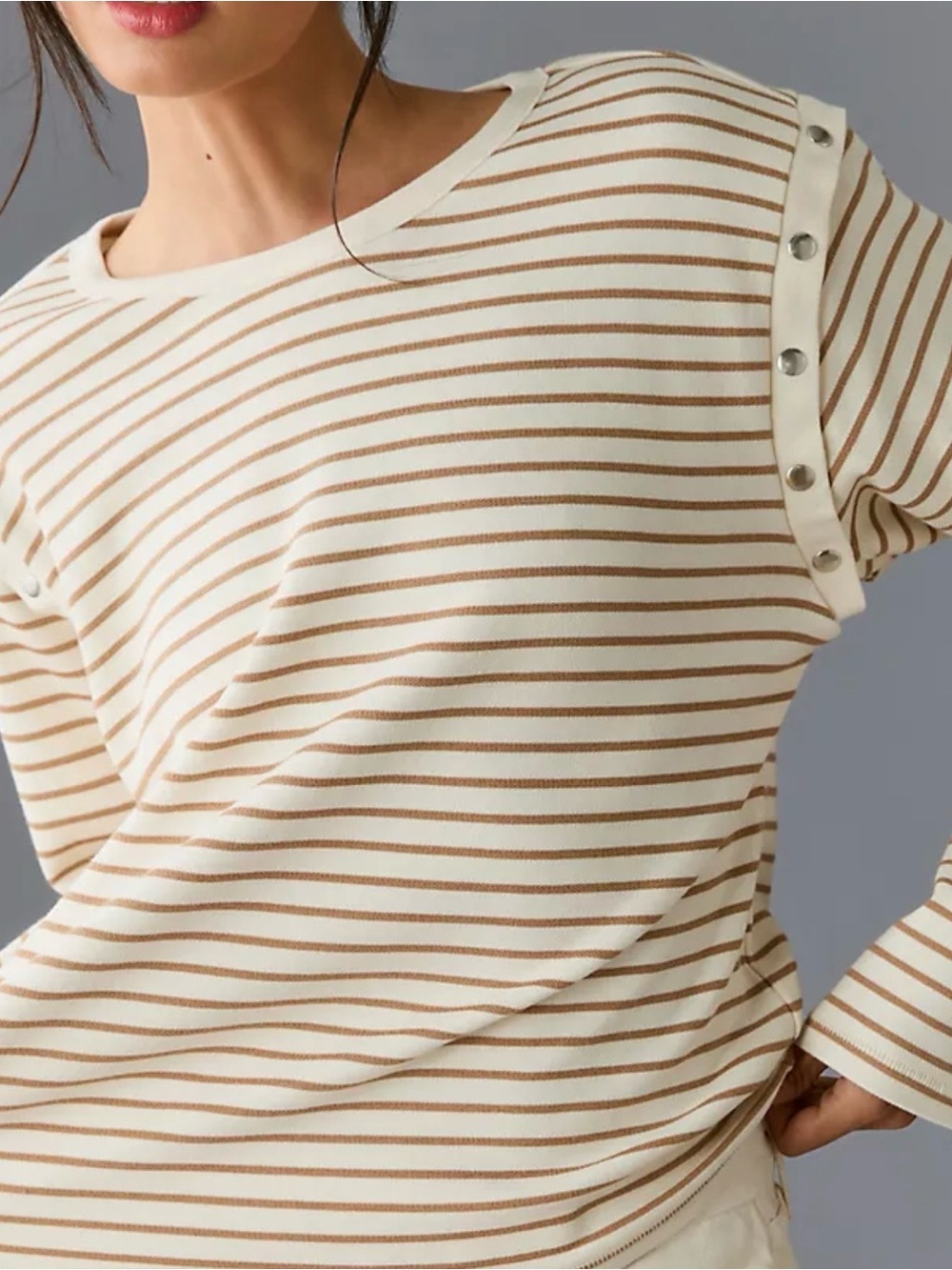 Anthropologie Cream and Tan Striped Button-Shoulder Long Sleeve Top